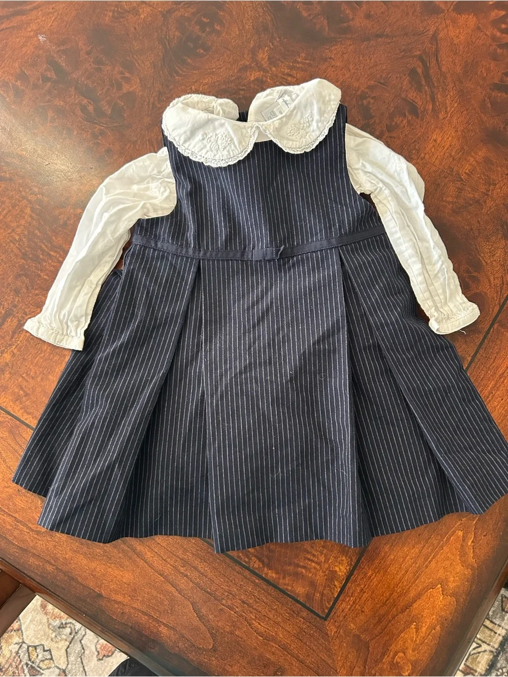 vintage Ralph Lauren 2 Pc Baby girls 12 m Navy pinafore dress set White Blouse